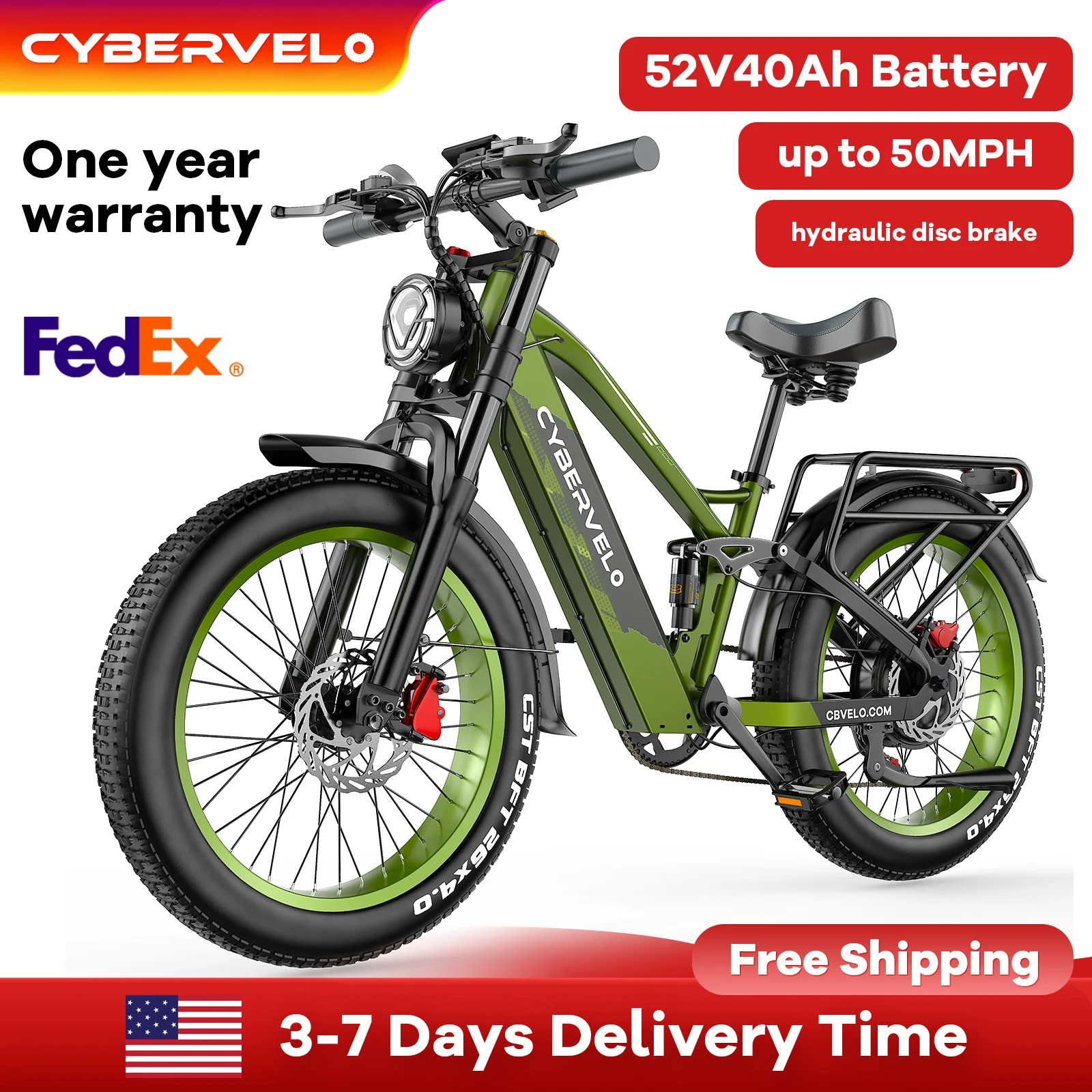 

Cybervelo 26" Fat Tire 5000w Peak Electric Bike,up to 120 Miles, 52V 40Ah Bulit-in Battery, Adult E-bike conquer All Terrain EK9