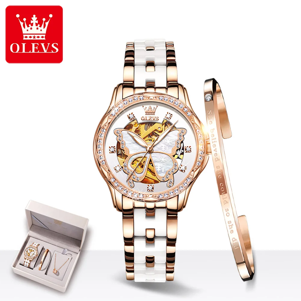 OLEVS Mechanical Women Watch Fashion Switzerland Luxury Brand Ladies WristWatch Automatic Ceramic Hollow Design montre femme