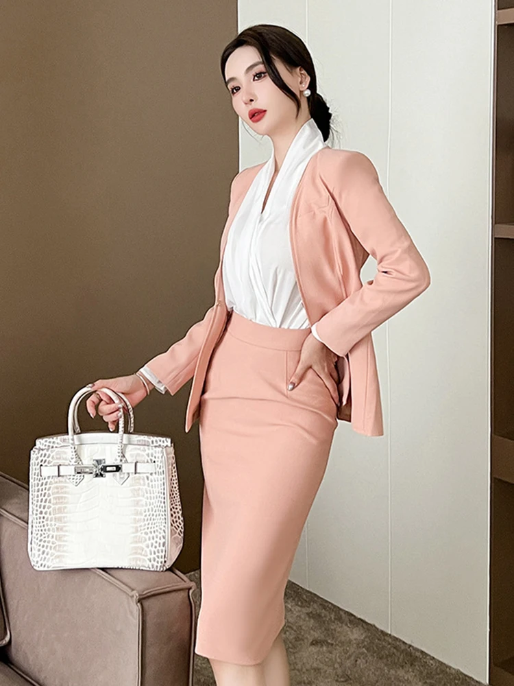 Primavera professionale pendolare 2 pezzi completo per donna 2023 solido rosa manica lunga giacca gonna a matita Femme Office Lady Clothes