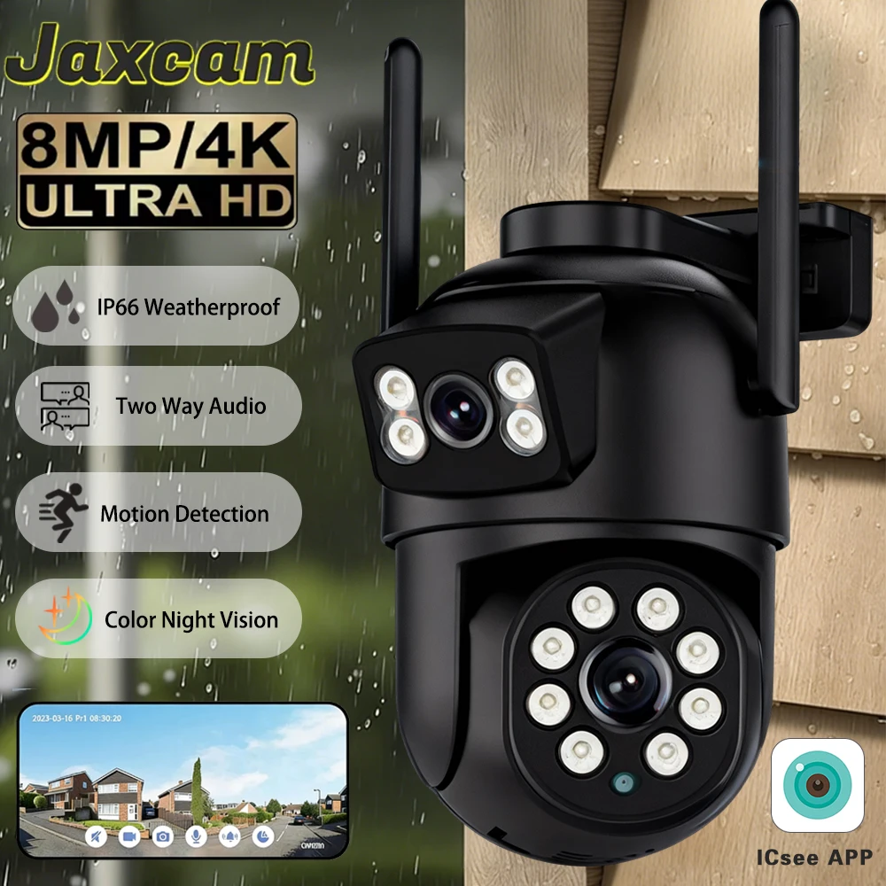 

Уличная IP-камера ICsee APP 4K 8MP с двумя объективами, Wi-Fi, HD, двумя экранами, PTZ, цветным ночным видением и функцией защиты