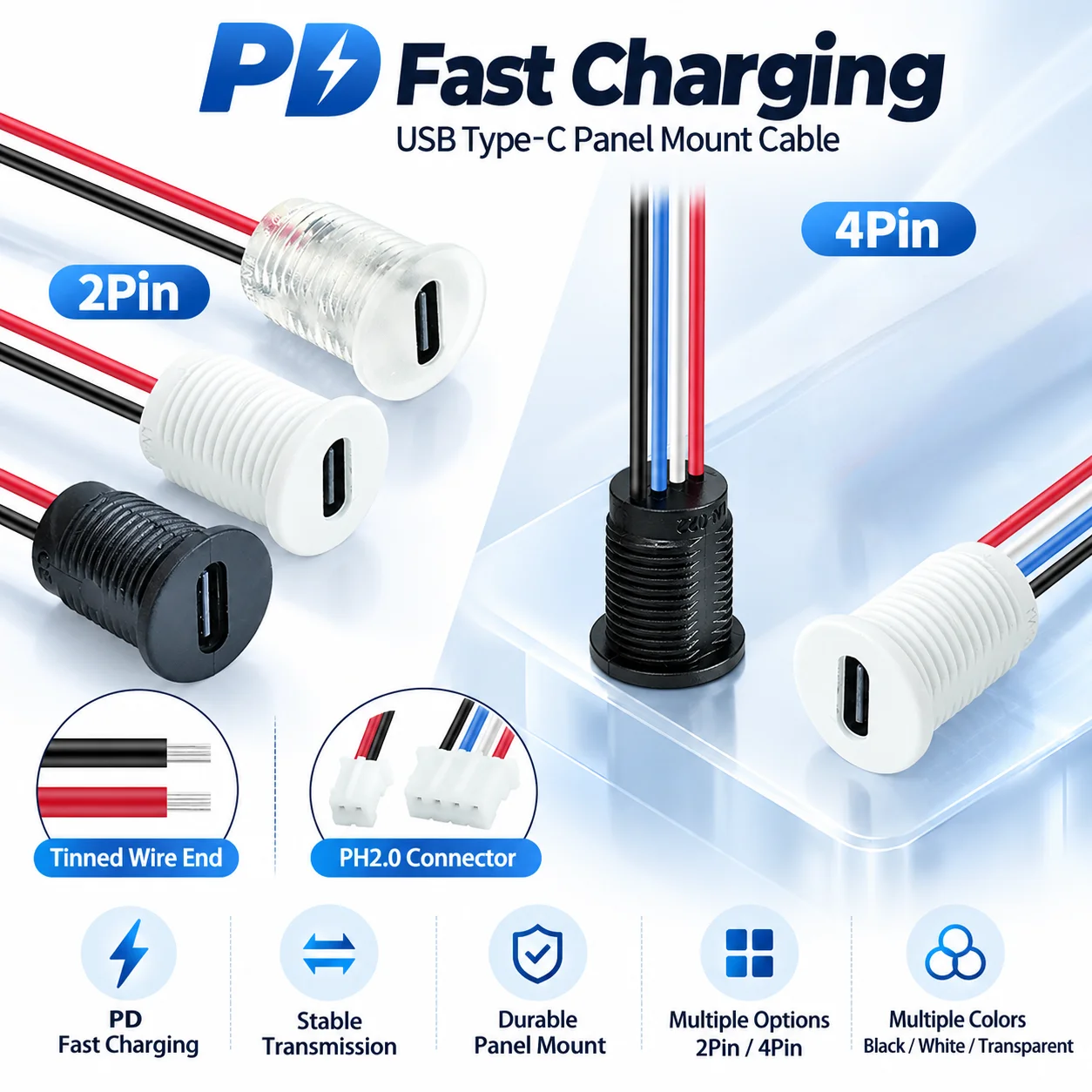 LN-022 USB Type-C Female Jack Threaded Nut Lock Panel Mount Pigtail Connector PD Power Delivery 2Pin 4Pin Pre-wired Tinned Wire
