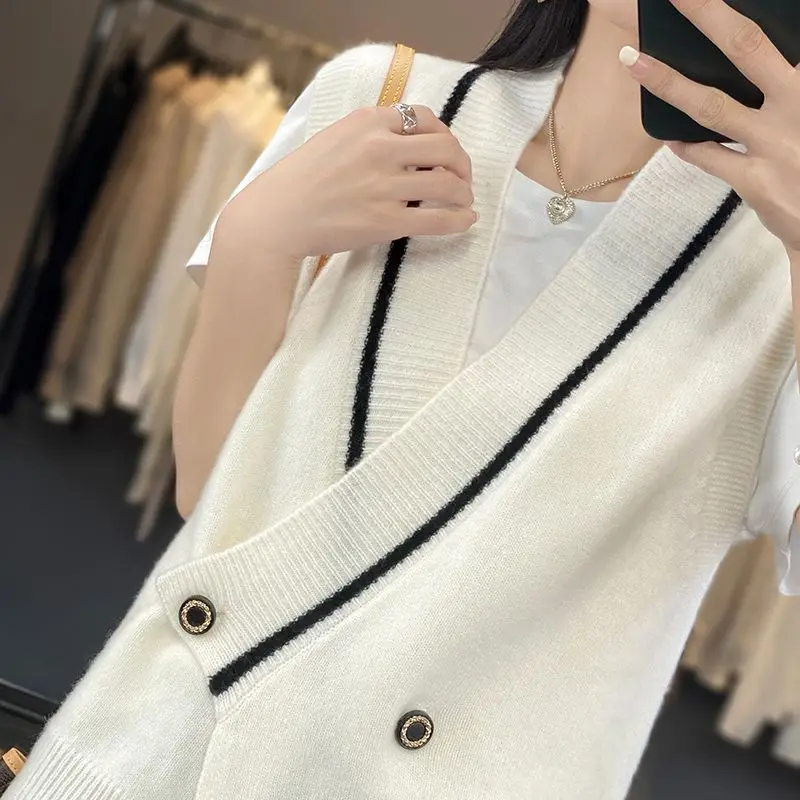 2023 New V-neck Sweater Women\'s Tank Top Knitted Cardigan Loose Spring and Autumn Sweater Coat Sleeveless Tank Top