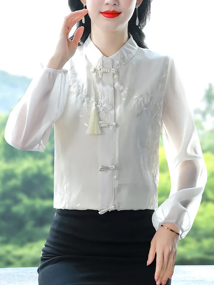 Women Long Sleeve Casual Shirt New Arrival 2024 Spring Chinese Style Vintage Floral Embroidery Ladies Elegant Tops Shirts B3257