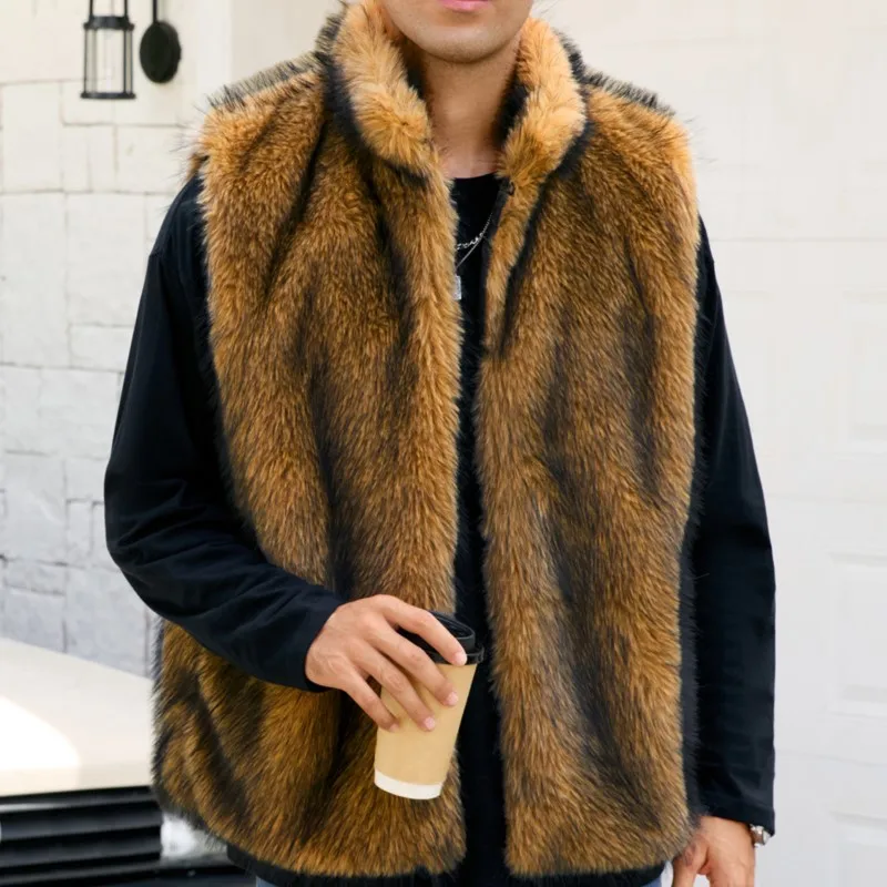 2025年冬 厚手 暖かい ゆったりサイズ ベスト ジャケット ノースリーブ ファー ふわふわ レトロ メンズ フェイクフォックスファー Vネック ベスト コート アウター