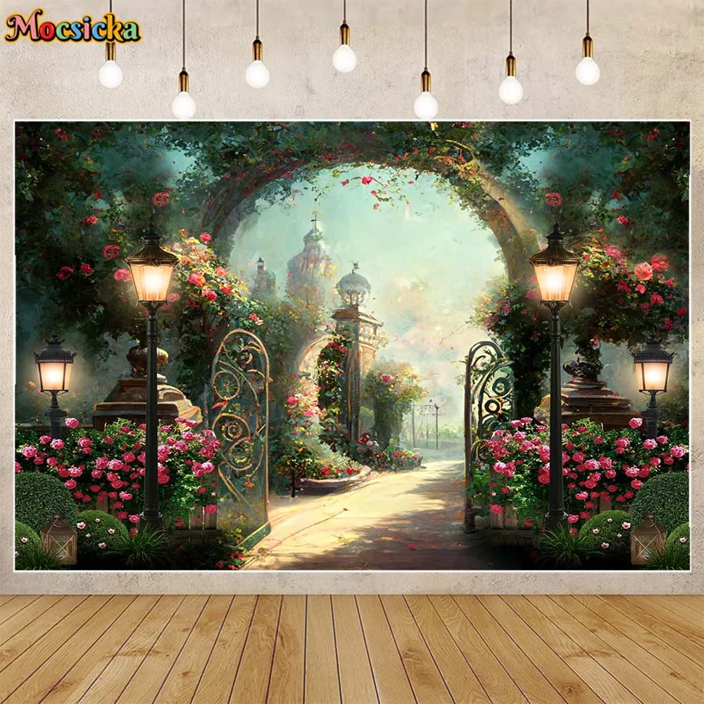 

Mocsicka Spring Flower Castle Garden Newborn Photography Background Girl Birthday Wedding Backdrop Photo Studio Photoshoot Props