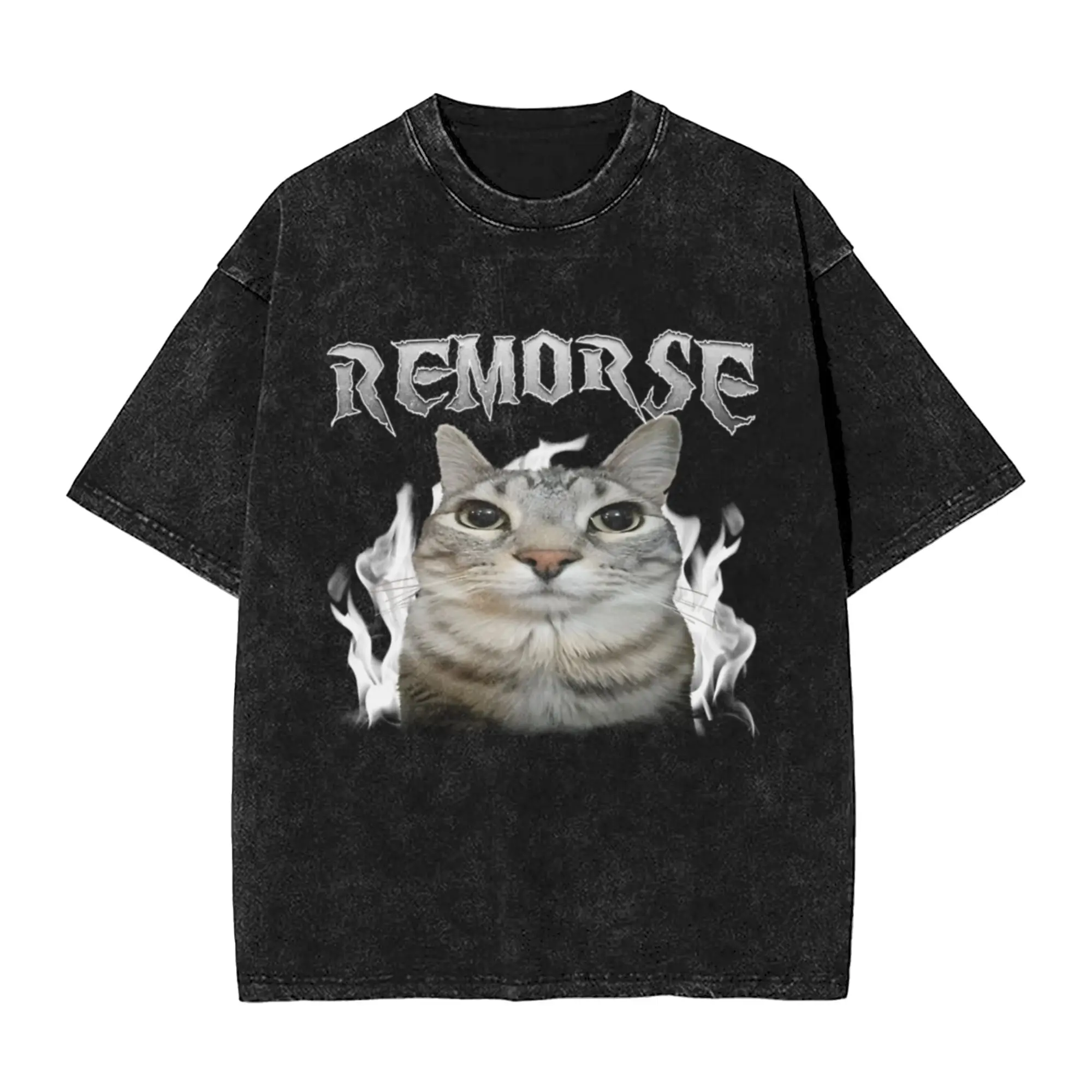 Remorse Funny Staring Cat Unique Comfort A Washed T Shirt Men's Women's Oversized Cotton Tees Tops