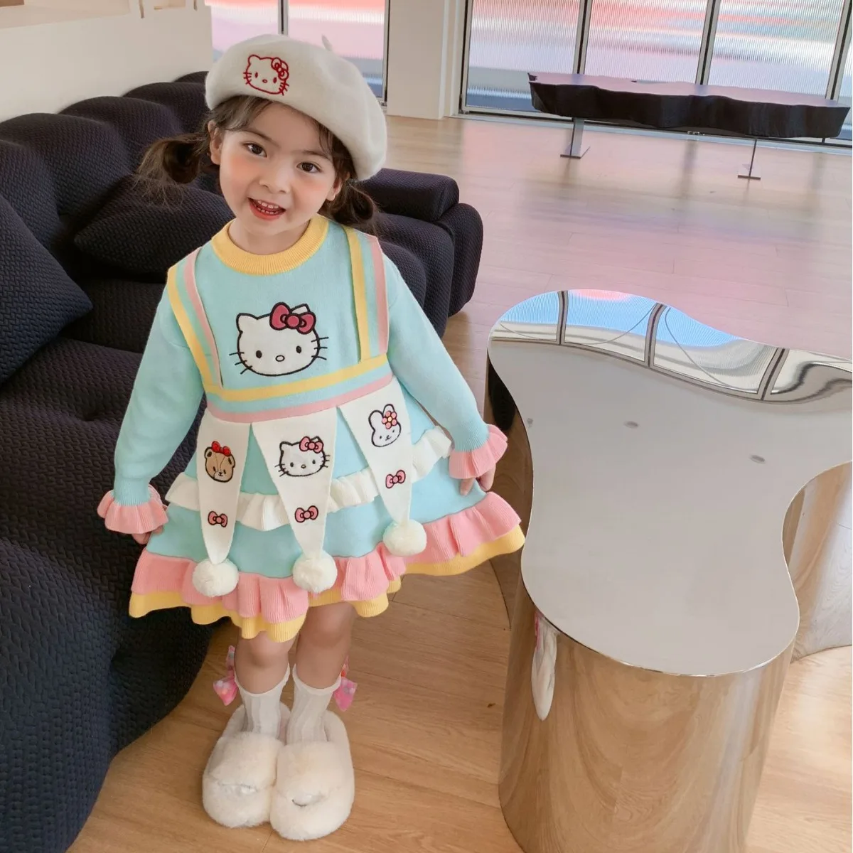 Anime Sanrios Hellokittys My Melody Kuromi Autumn Winter Cute Girl Dress Fur Ball Color Matching Kids Knitted Long-Sleeved Skirt