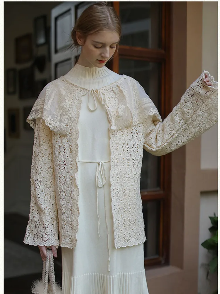 AIGYPTOS Cardigans Women Spring Fall Summer Elegant Embroidered Lace Big Lapel French Crochet Loose Long Cardigan Sweaters