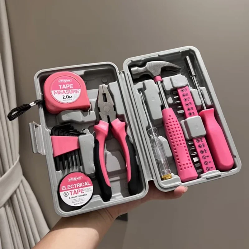 

13/24pcs Pink Household Tool Set Hammer Hex Wrench Repair Worker Box Female Screwdriver Tape Measure Set Box DIY Handmade Tool