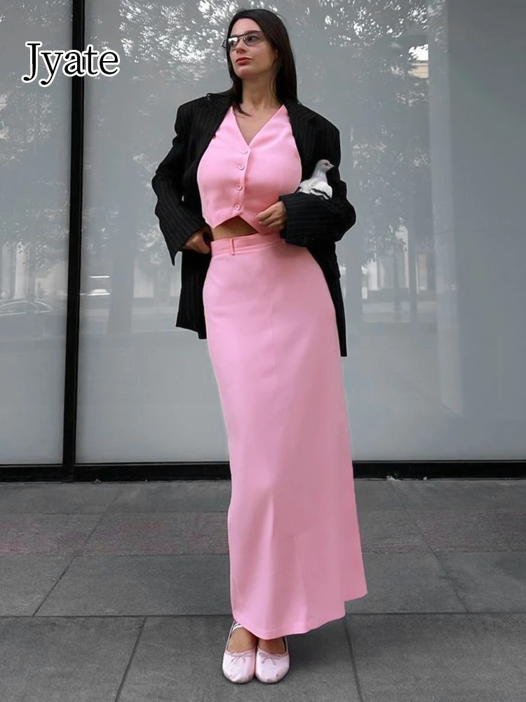 Jyate-Ensemble haut court et jupe longue taille haute pour femme, tenue de bureau, mince, rose, mode, été, 2024, 2 pièces