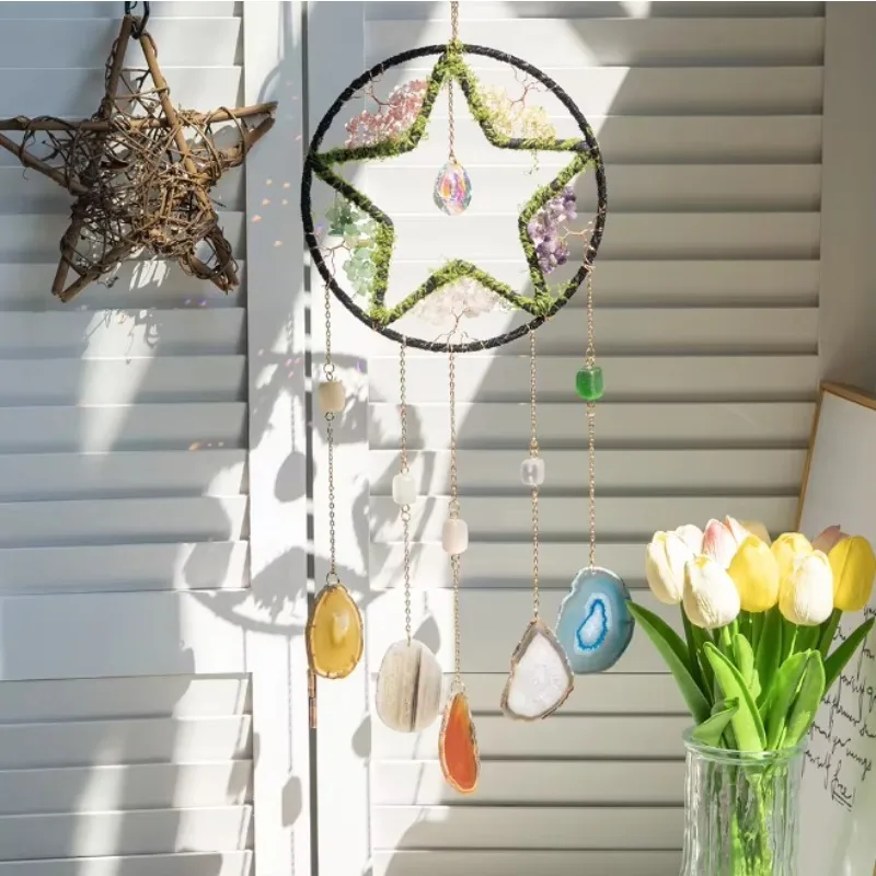 Modern Natural Crushed Stone Suncatcher Tree of Life Dreamcatcher Hanging Ornament Agate Five Pointed Star Wind Chime Birthday