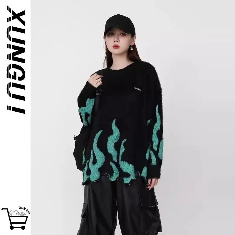 

American green flame letter pullover sweater for women in winter, versatile loose oversize knitted top for men y2k clothing