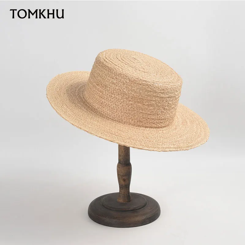 

New Korean Minimalist Flat Top Raffia Straw Hat For Women Wide Brim Handmade Sun Hat Summer Beach Vacation Sombrero Mujer Playa