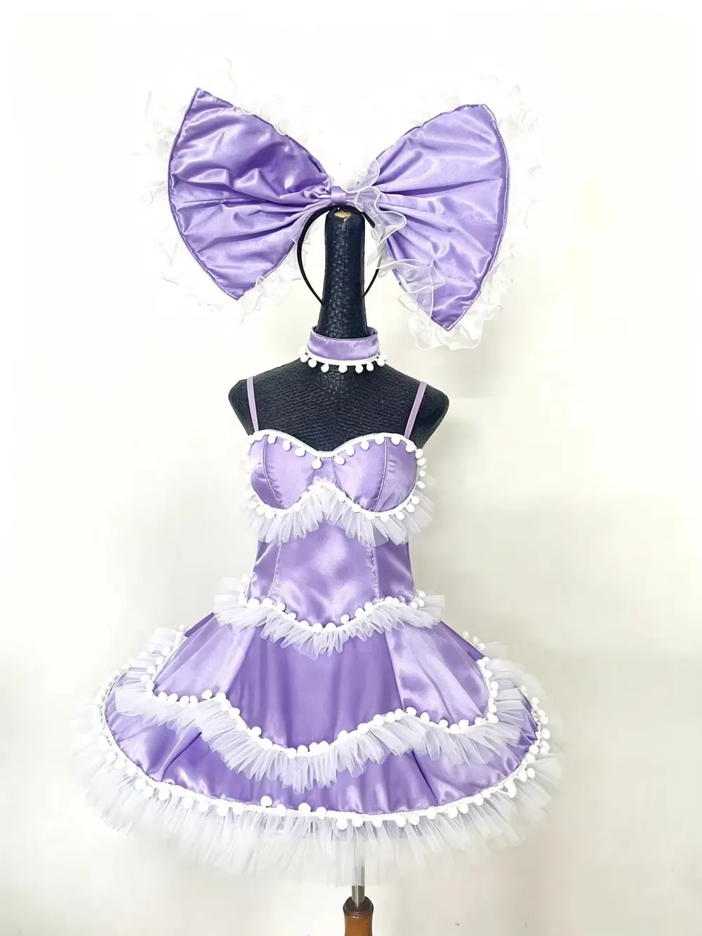 Women Tiered Puffy Dress Bow Cute Satin Headband Festival Rave Outfit Christmas Party Dance Team Stage Performance Costume
