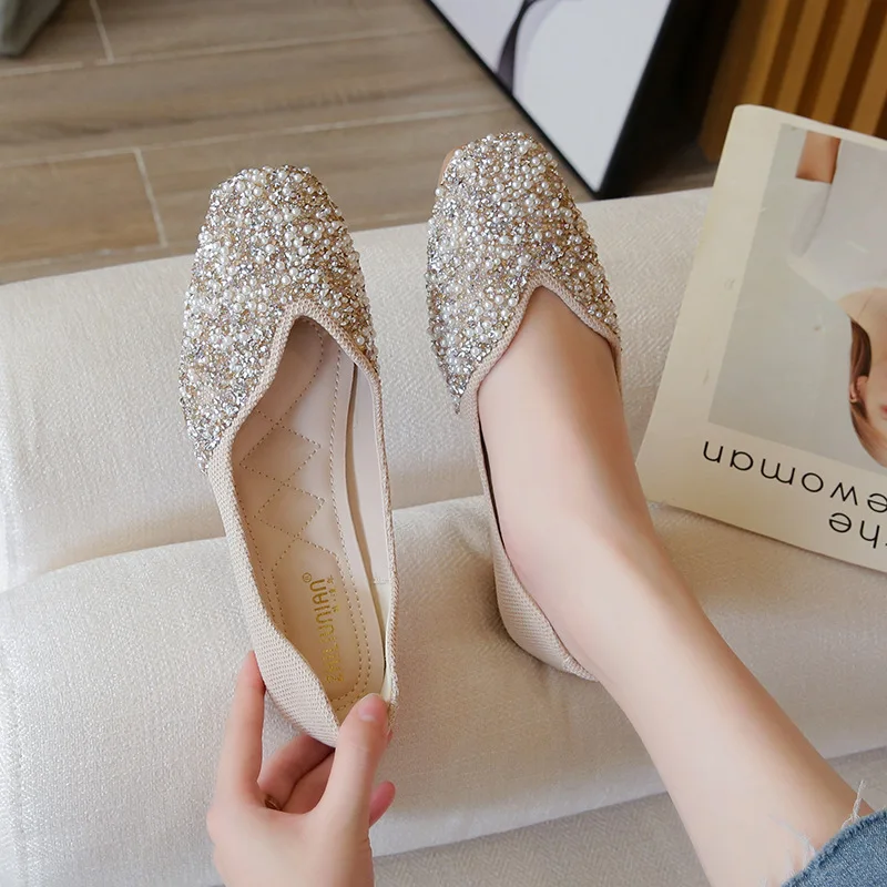 Gentle Women Shoe Spring Summer Fashion Sequins Single Shoe Rhinestone Flat Shoe Allmatch Large43 Leather Shoe Bridesmaid Shoe