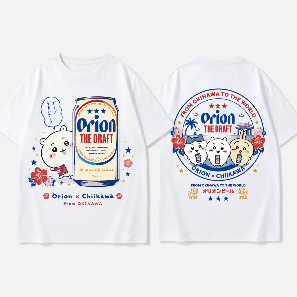 Kawaii Anime Summer Vacation Aesthetic Chiikawa Orion Beer Okinawa Collab Print Cotton Men Women Universal Crew Neck T-Shirt