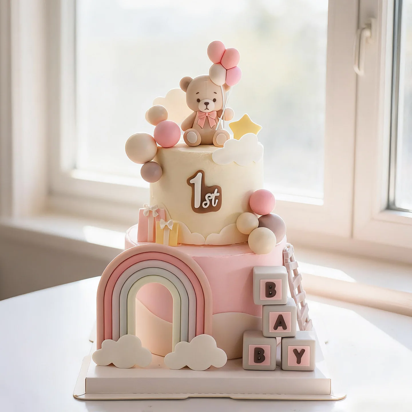 Bär Kuchen Topper Dekorationen Baby Bär mit Ballon Wolke Kuchen Topper rosa Schleife Bär Regenbogen Kuchen Dekor für Baby Geburtstag Party
