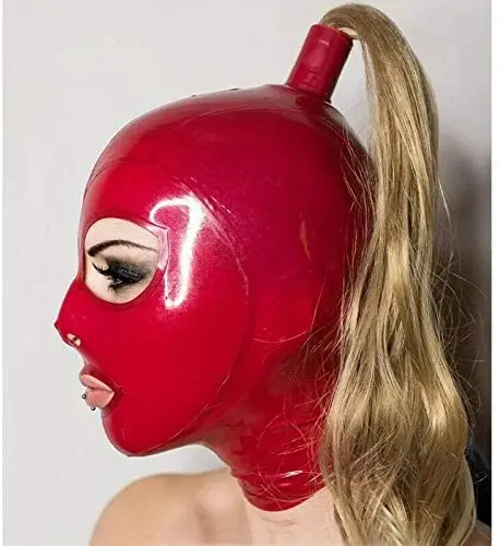 Hot Latex Hood with Blond Pigtail Back Zipper Fetish Rubber Mask with Golden Wig Hair Cosplay Head Cover Halloween costume