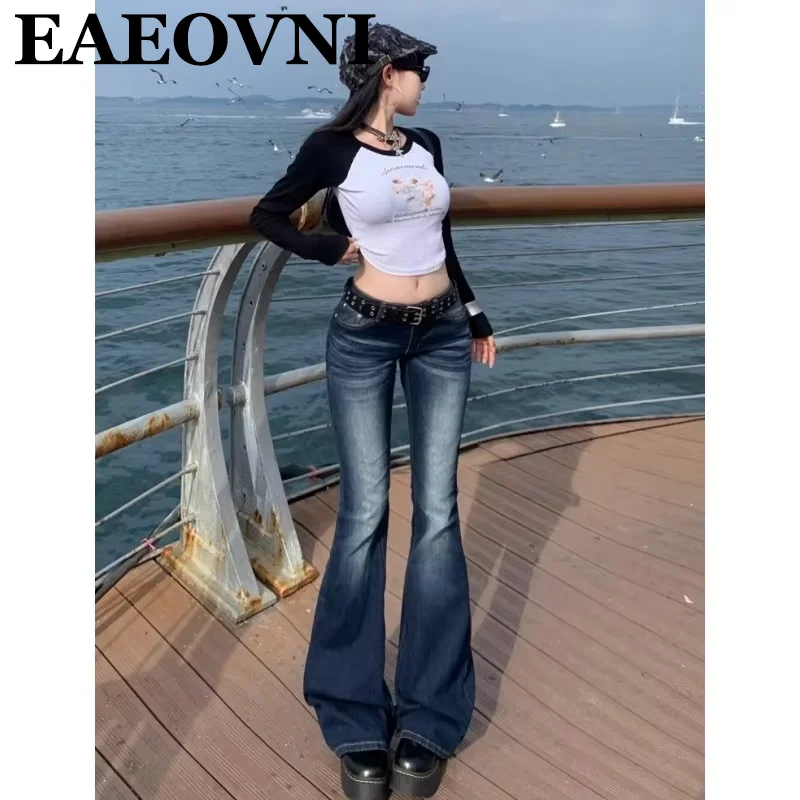 Vintage Retro High Waist Bootcut Denim Jeans Women Y2K Slim Fit Long Flared Drag Trousers Casual Autumn Fashion Bottom Wear