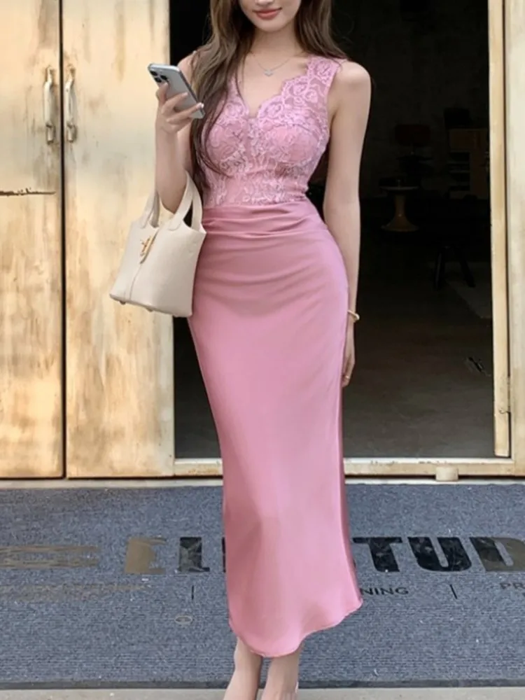 

Women's Elegant Solid Wedding Dress Lace Satin Patchwork V Neck Formal Occasions Evening Party Dresses Summer Mermaid Vestidos