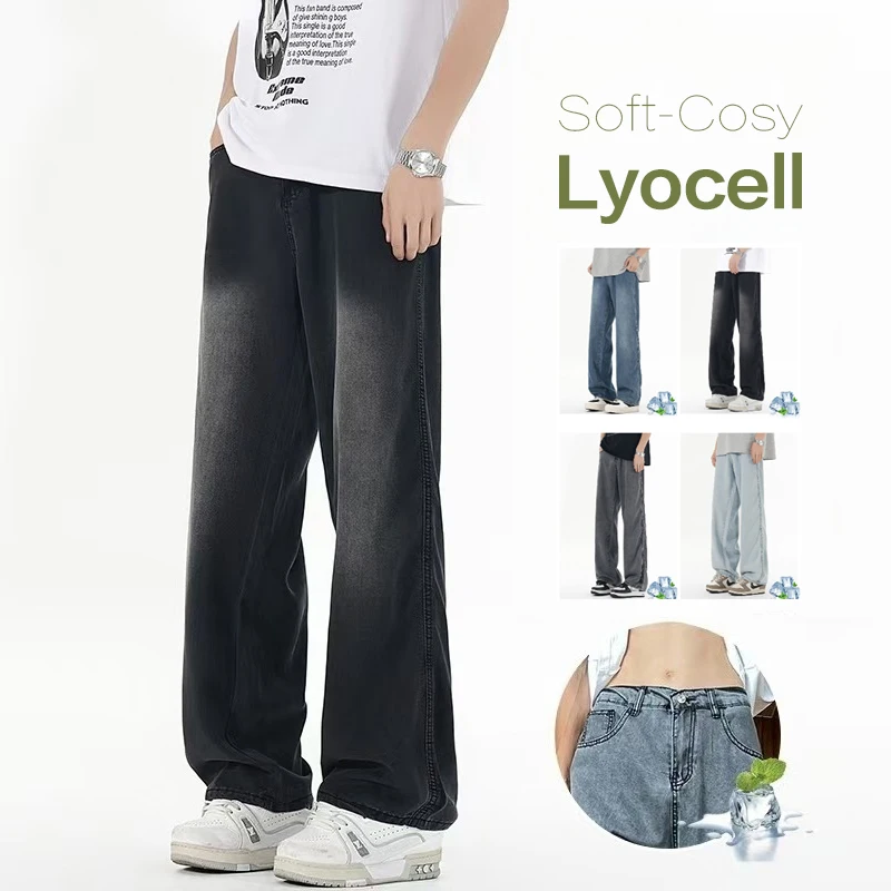 

Brand Clothing Summer Breathable Lyocell Men's Jeans Loose Straight Casual Elastic Waist Blue Grey Black Long Trousers Male 3XL