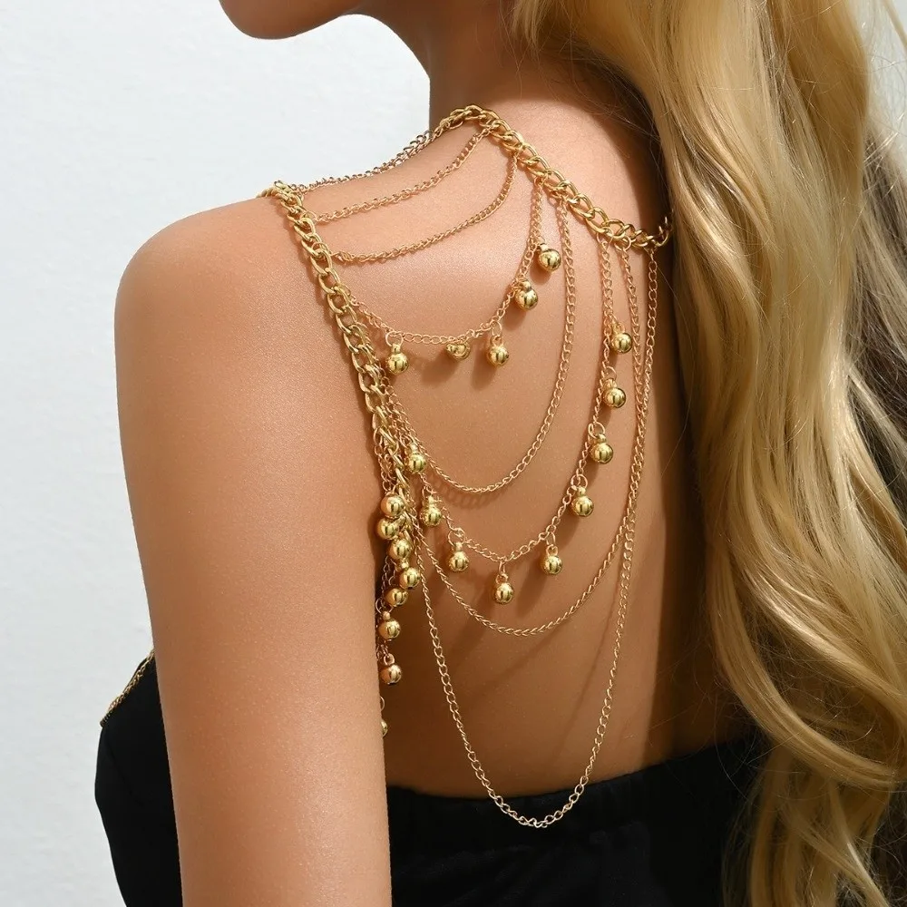 

Fashion Gold Tassels Costume Armband Metal Layered Necklace Shoulder Chain Jewelry Beaded Body Chain Girl