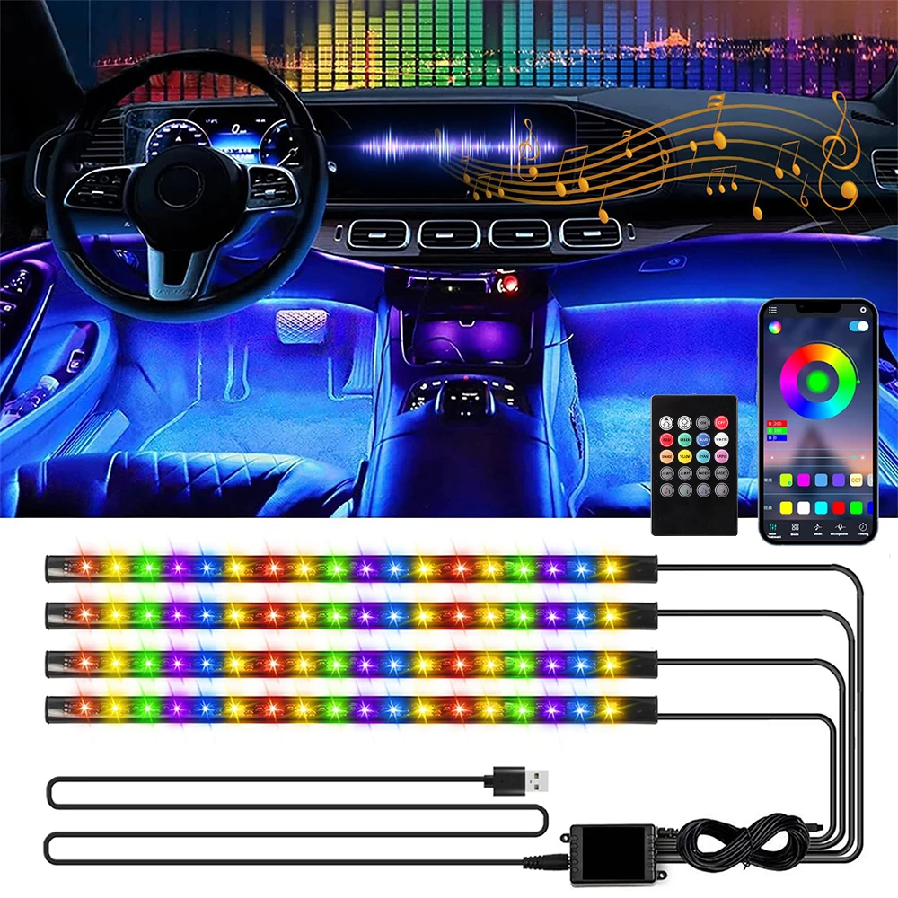 Neon 48LED Car Interior Ambient Foot Light Strip with USB Wireless Remote Music APP Control Auto RGB Atmosphere Decorative Lamp