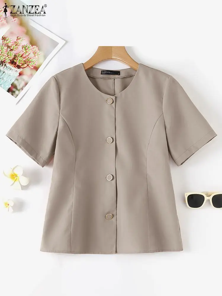 ZANZEA Summer Elegant Camisas Women Casual O Neck Button Up Blouses Solid Korean Fashion Short Sleeve Commute Shirts Femininas