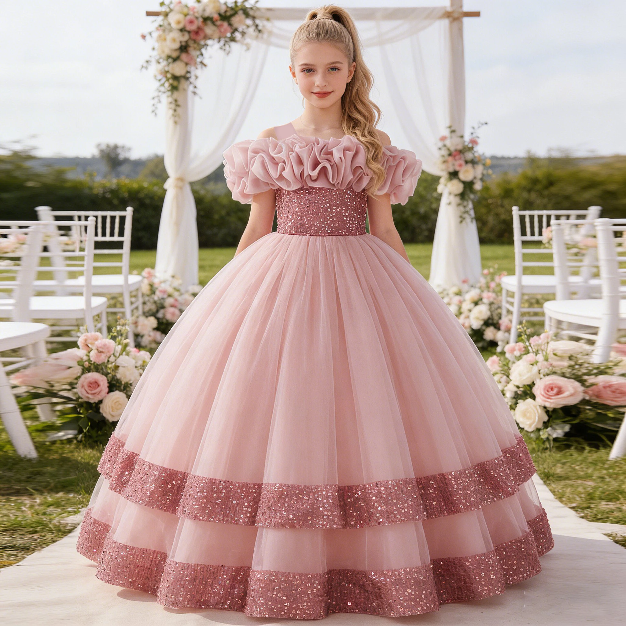 

Elegant Flower Bridesmaid Party Girls Dresses Fashion Bow Pageant Wedding Princess Dress for Girls Birthday Prom Evening Costume