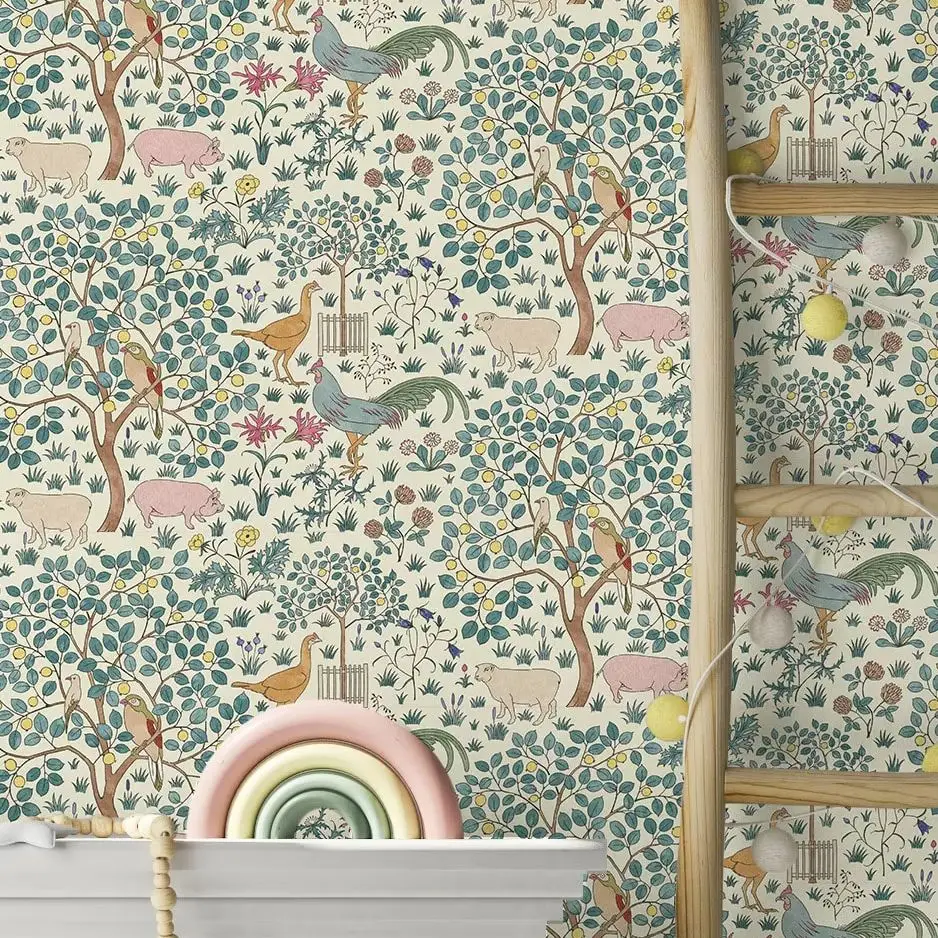 Orchard Kids Wallpaper,Hand Draw Cute Peel and Stick Wall Mural,Plants ,Animals Wall Mural,Tradition Non-Woven Or Self-adhesive