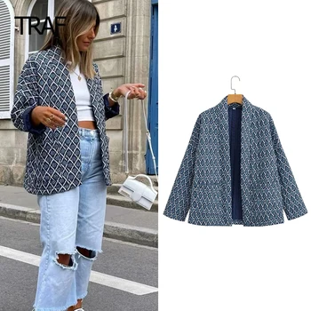 TRAF 프린트 여성용 데미 시즌 재킷, 퀼트 재킷, 짧은 패딩, 오버사이즈 재킷, 짧은 파카 코트, 2023 가을 아우터 