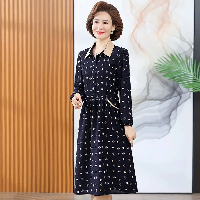 Middle Aged and Elderly Mothers Loose Fitting Dress with Long Sleeves Thin Design Small Floral Patterns New Style