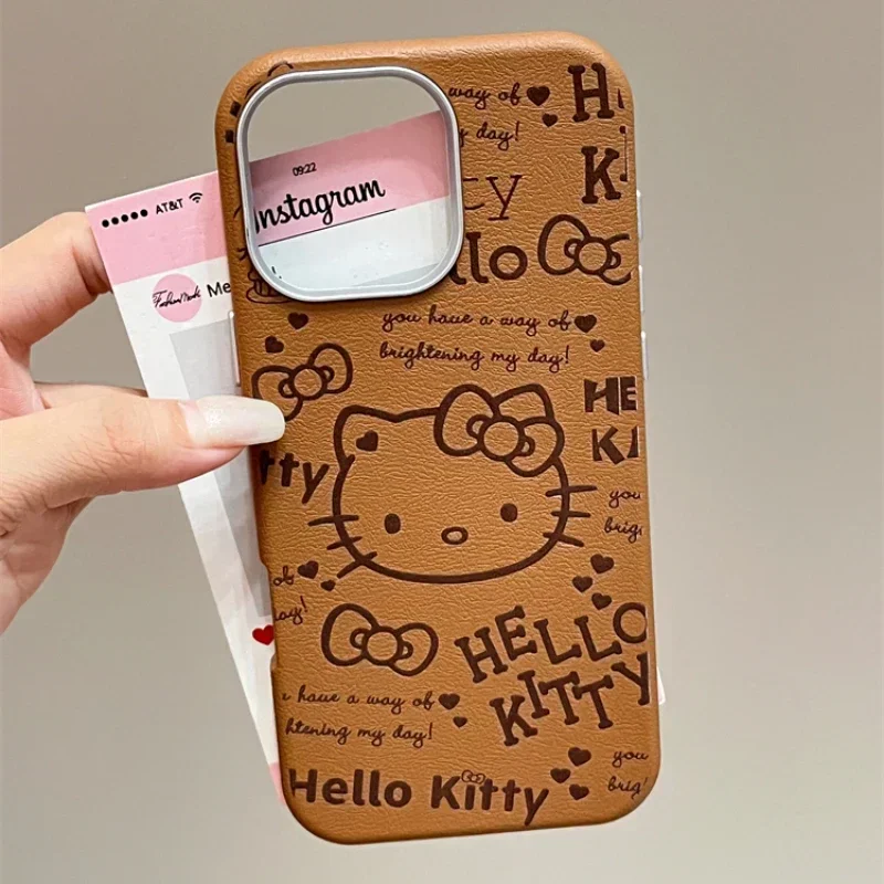 Capa de couro bonito dos desenhos animados, Sanrio, Olá Kitty Bow Brown, à prova de choque, Capa dura, Sanrio, iPhone 16, 15, 14, 13, 12, 11, Pro, Max