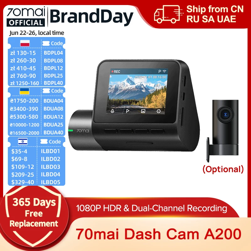 Global 70mai Dash Cam A200 Dual-channel Record 1080P HD...