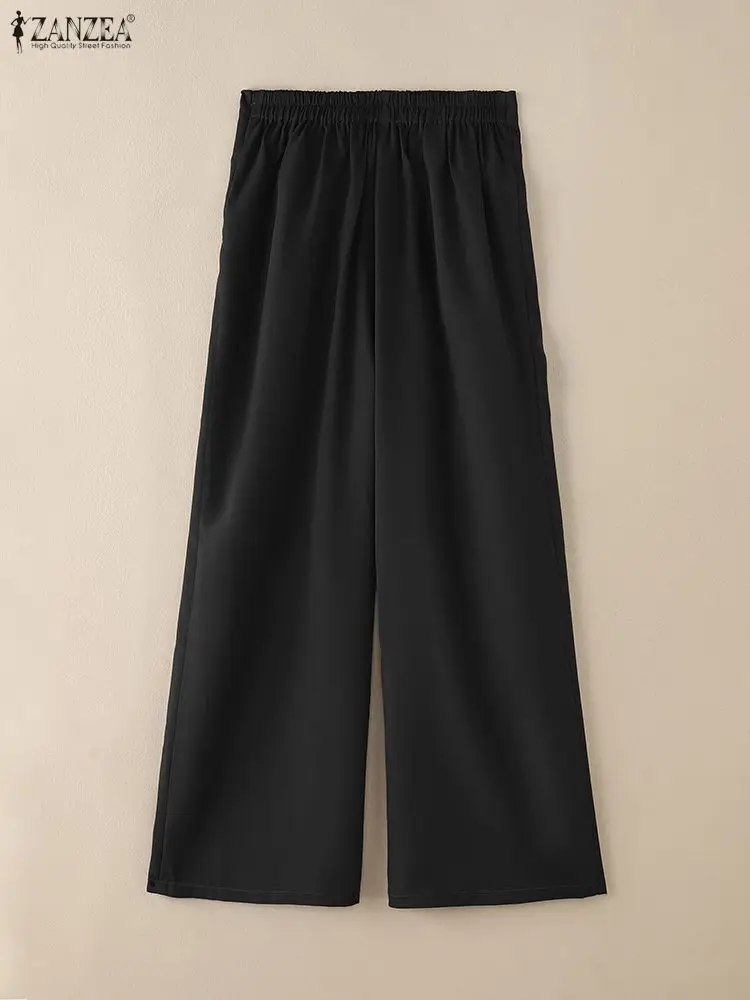 Damskie spodnie z szerokimi nogawkami, modne, eleganckie, z ozdobną wstążką, elastyczna wysoka talia, jednolite, luźne spodnie, odzież do pracy, spodnie damskie ZANZEA