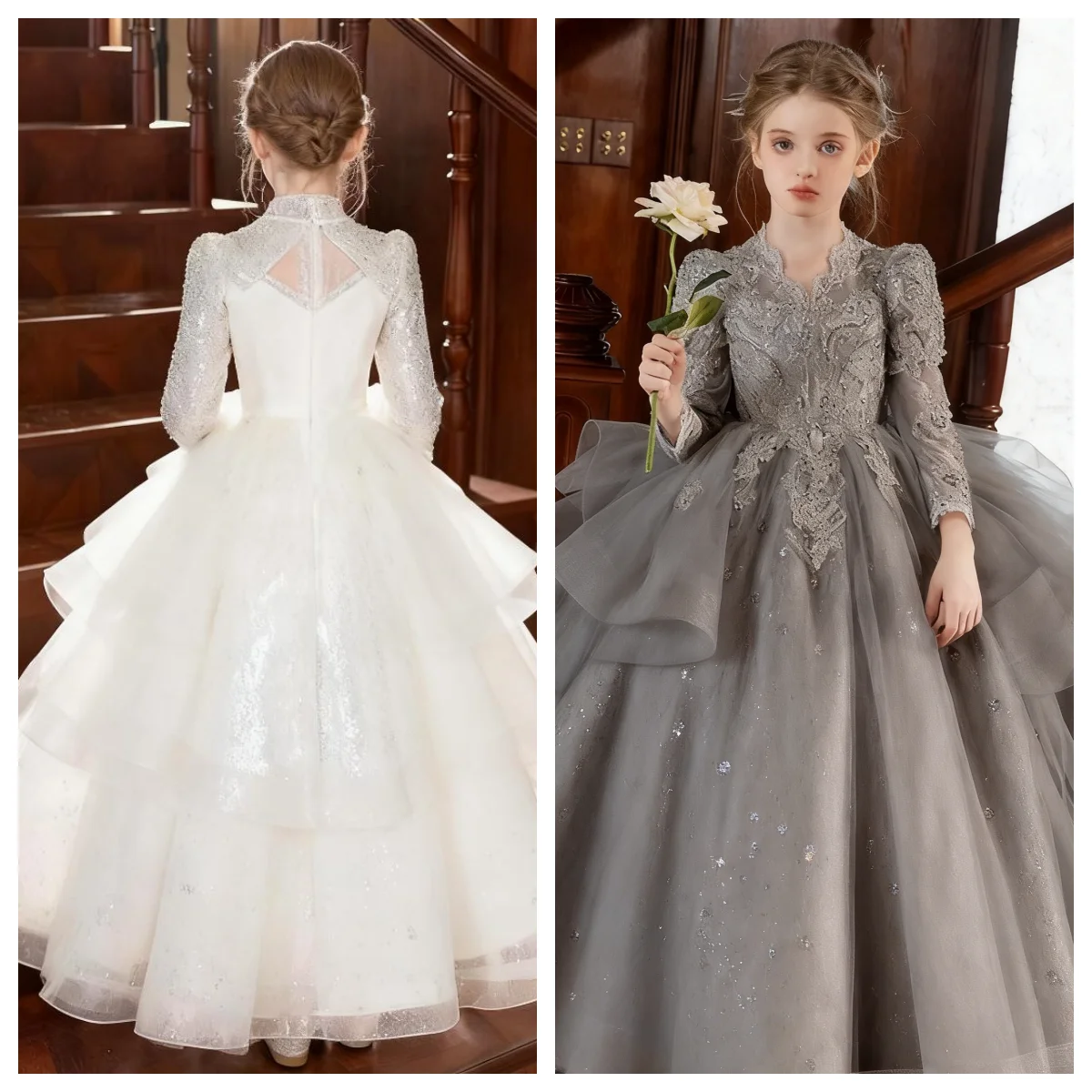 Sukienka księżniczki, ekskluzywna, na wybieg, dla dziewczynki sypiącej kwiatki, na wesele, sukienka dla małej dziewczynki, sukienka dla dzieci na występ fortepianowy, z długim rękawem.