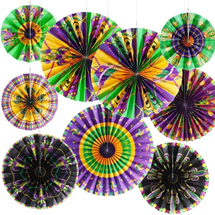 Pcs Mardi Gras Hanging Decorations Paper Fans Mardi Gras Classroom Ceiling Wall Decor Gold Purple Green Paper Fans for Carnival