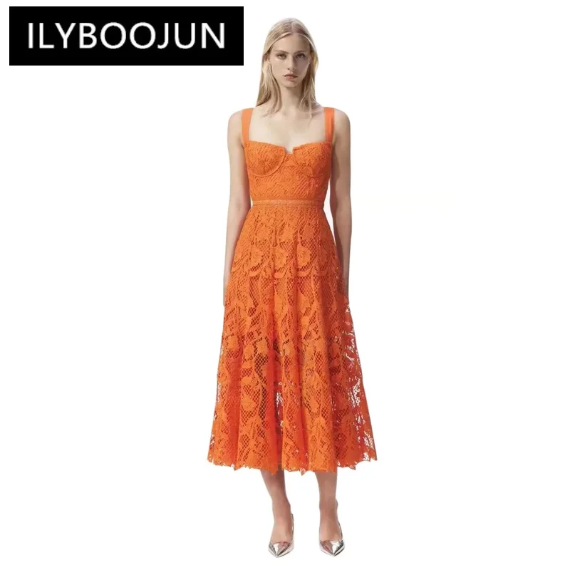 

ILYBOOJUN Summer 2024 luxury designer party Dresses for Women's Orange Suspender Splice Embossed hollow Lace Dresses