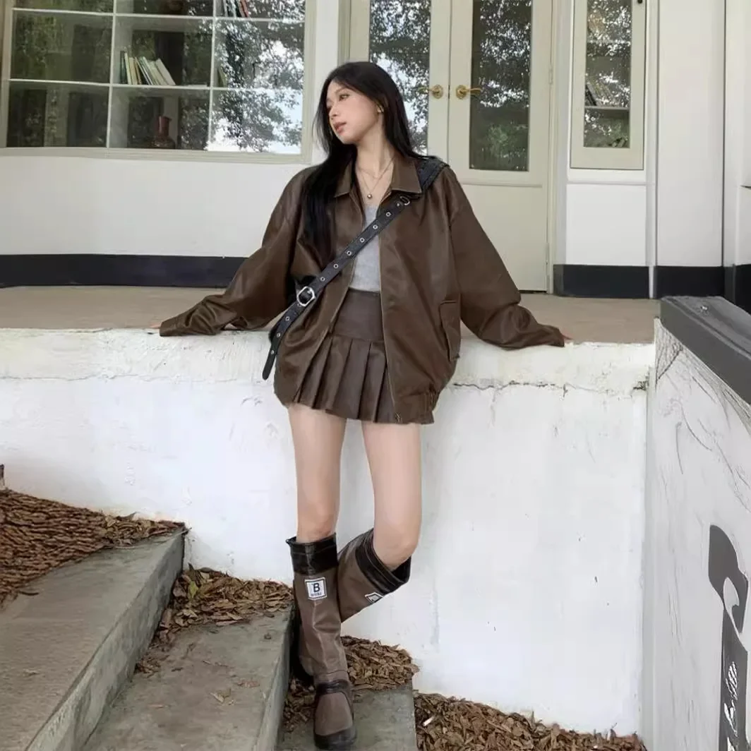 Vintage Leather Jacket Women\'s 2024 New Spring High-end Loose Lapel Pu Leather Jacket Top Loose Long Sleeves