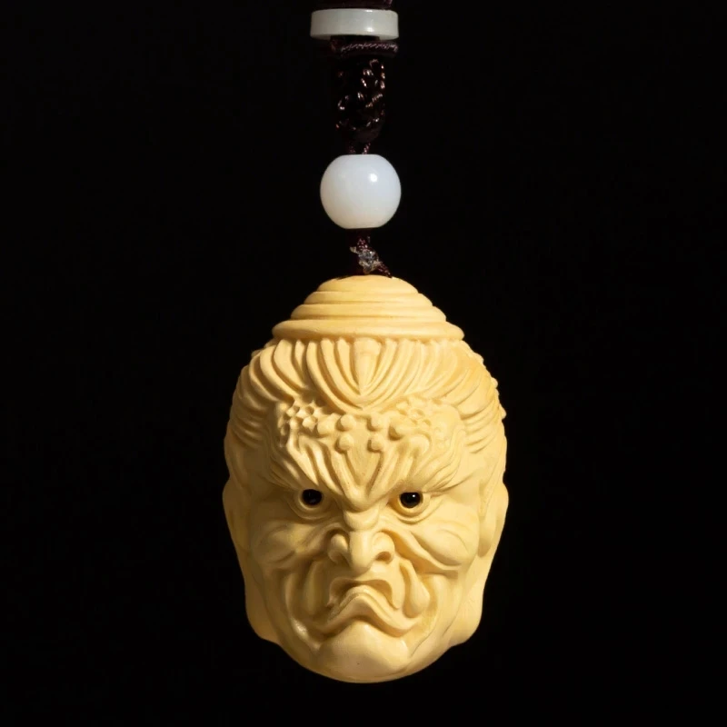 Boxwood 5cm Buddha and Demon Sculpture Pendant Wood Carving Sakyamuni Statue Feng Shui Car Hanging Home Decor