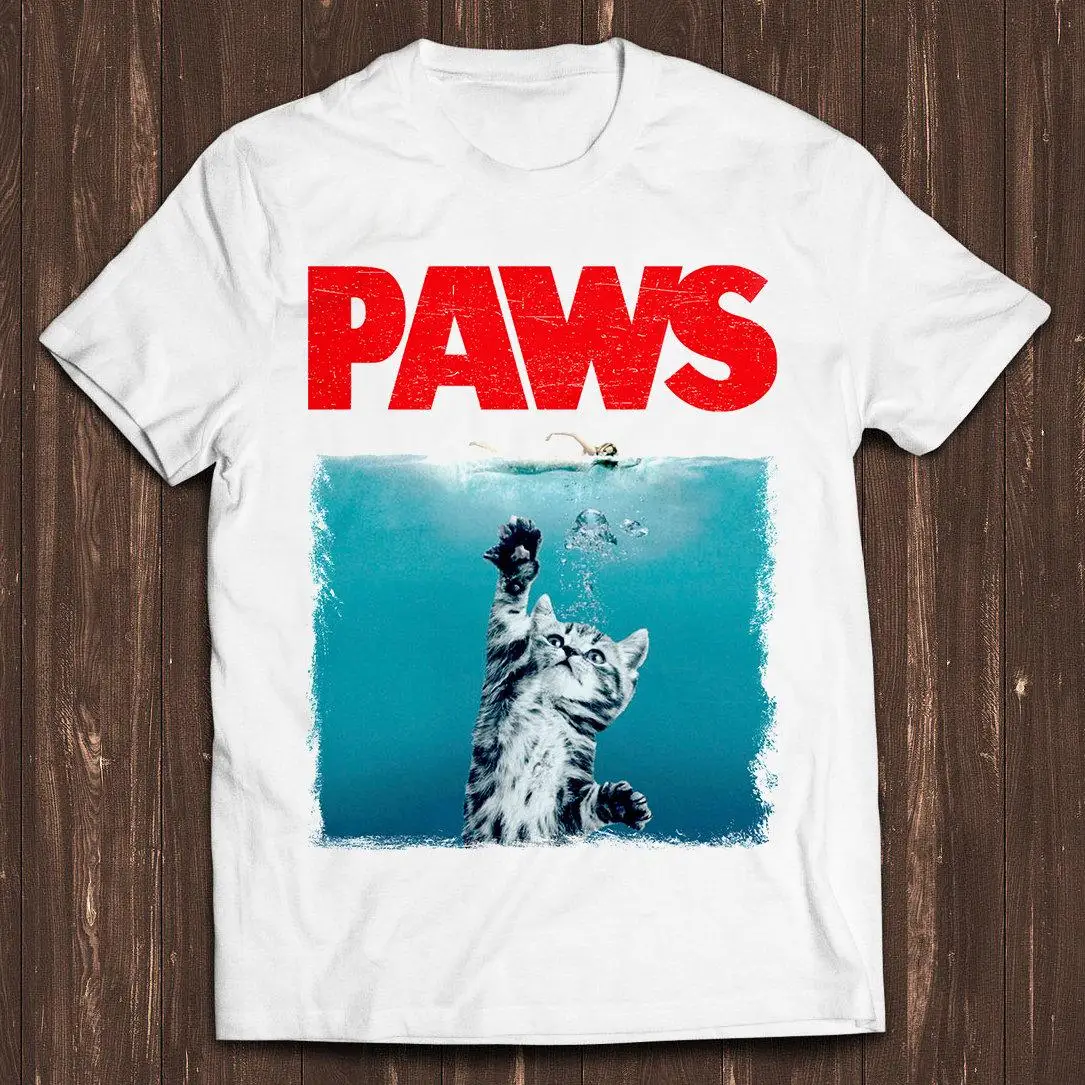 PAWS Cat Jaws Movie Parody Print T Shirt Unisex Loose Oversized Harajuku Streetwear Cotton Summer Graphic Men's T-shirts