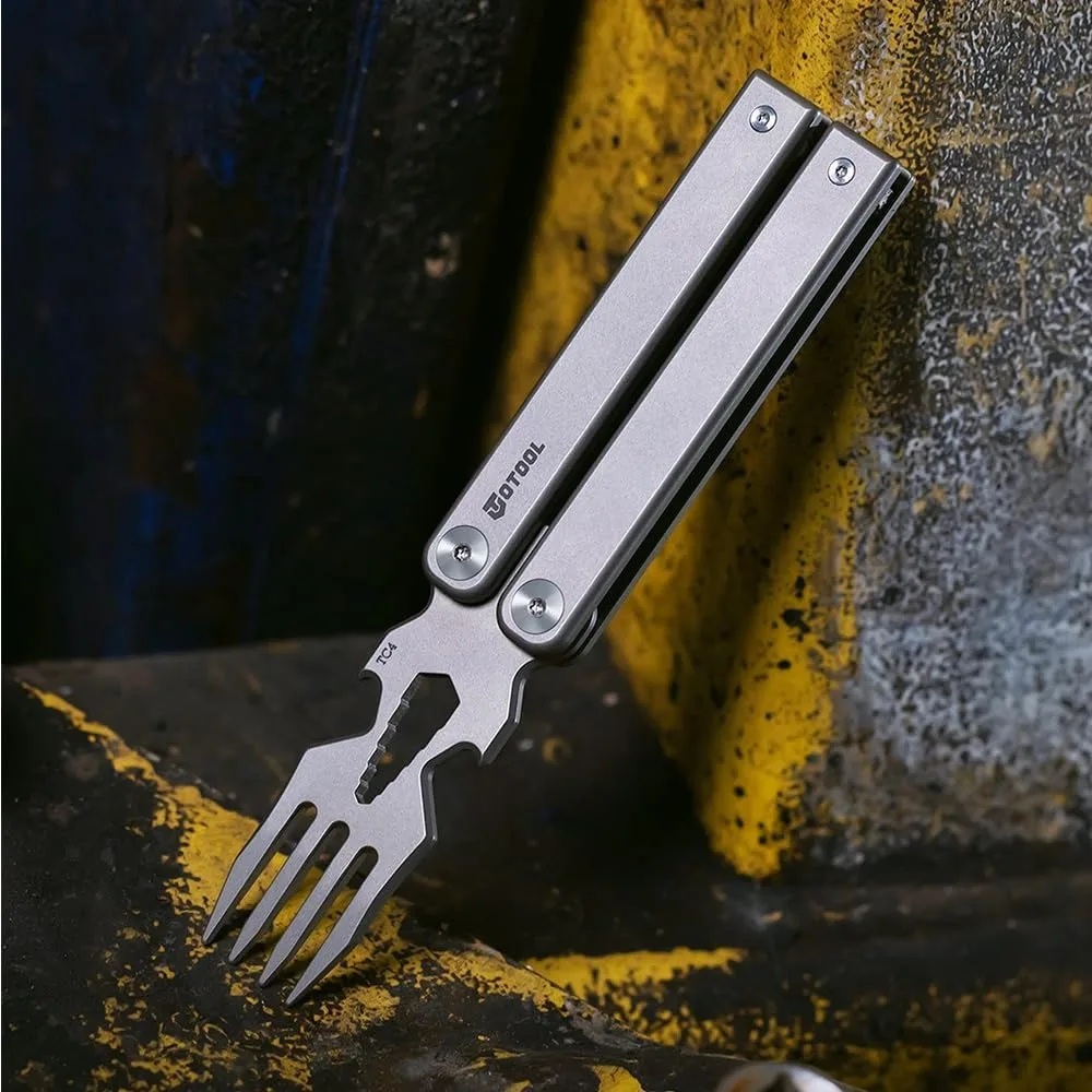 

OKNIFE OTOOL Titanium Butterfly Fork OBA01 Multi Tool Bottle Opener Glass Breaker Hex Wrenches Magnetic Closure Stainless Steel