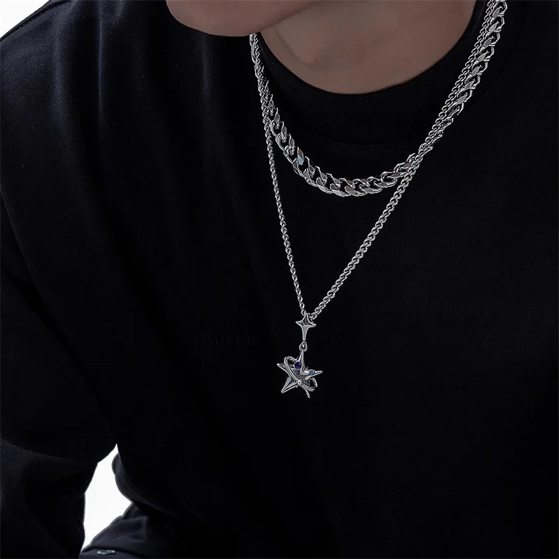 Hip Hop Trend Titanium Steel Pentagram Cuban Necklace for Men and Women Niche Neutral Fashionable High-end Sweater Chain