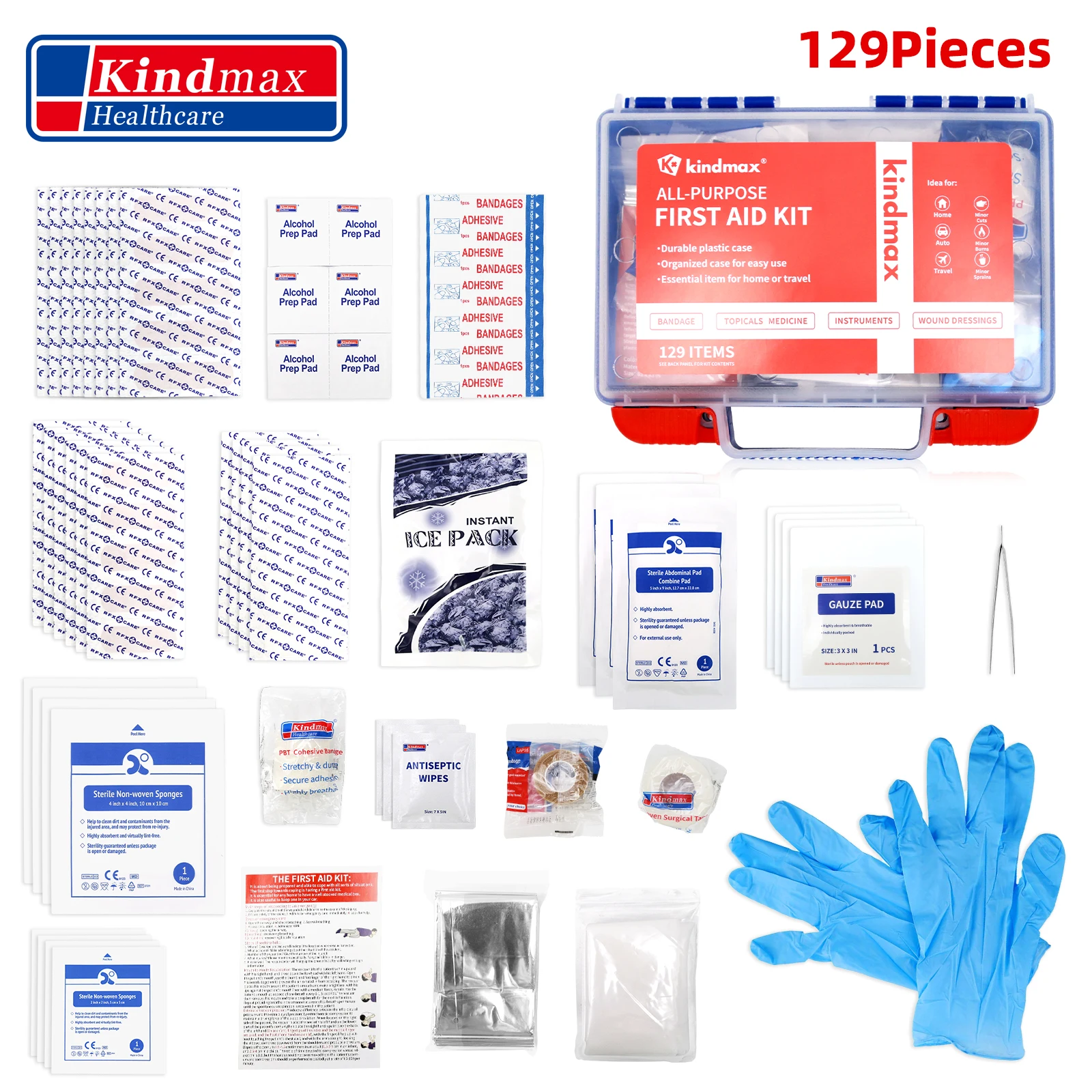 Kindmax First Aid Kit, 129 Pieces Equipment Emergency Kit, Bandages Surgical Tape, for Home, Car, Outdoor Camping and Sports