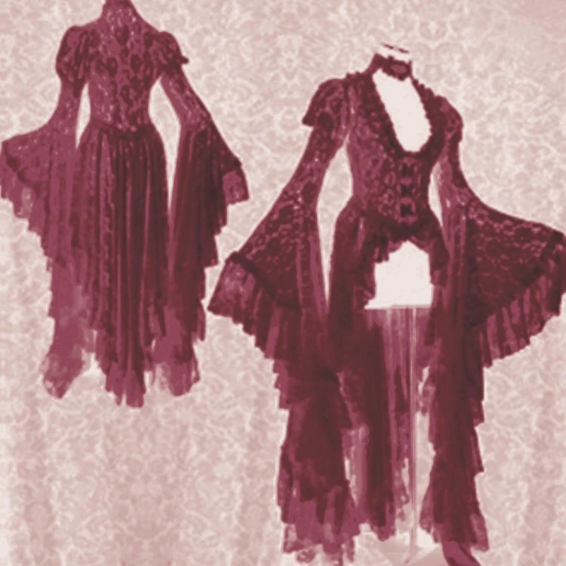 American Retro Gothic Low-Cut Sexy Hollow-Out Flare Sleeve Damen Langes Kleid Neue Taille-Cinching Schwalbenschwanz Spitzenkleider Damen