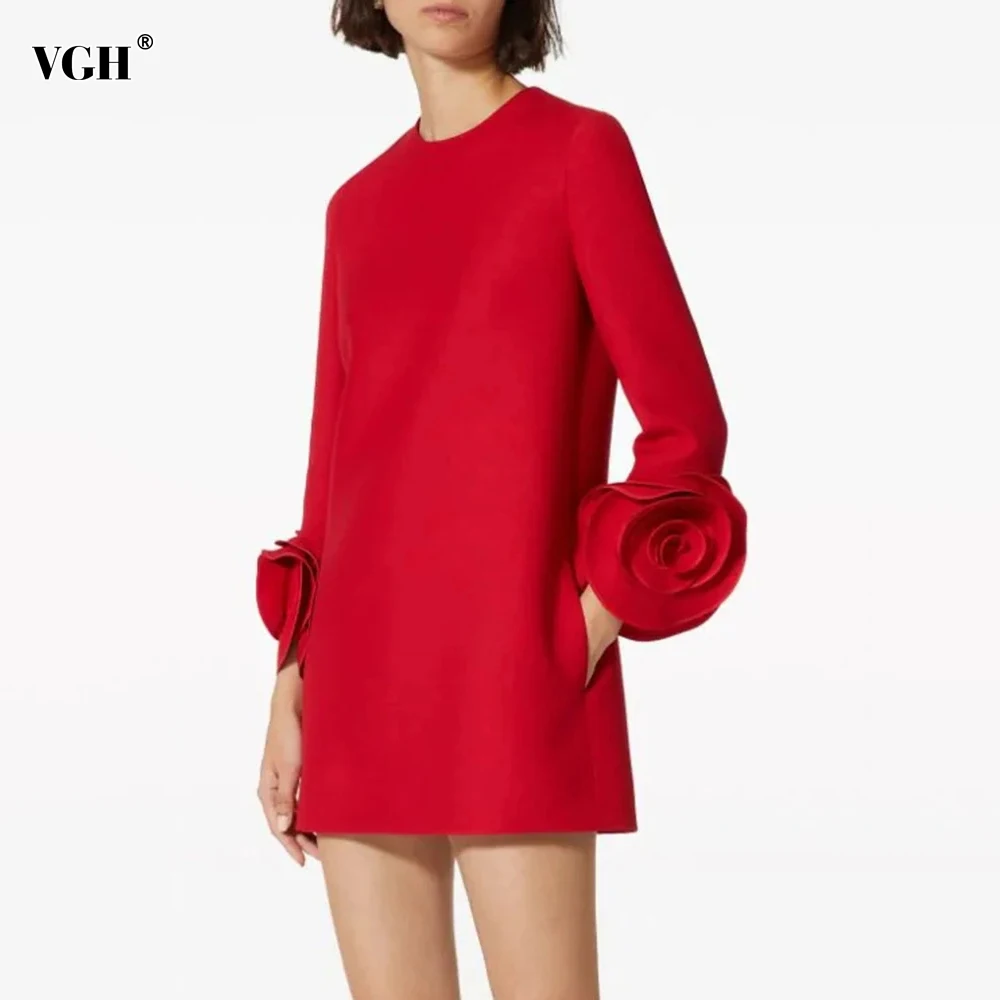 

VGH Spliced Appliques Solid Casual Mini Dresses For Women Round Neck Long Sleeve High Waist Minimalist Loose Dress Female New