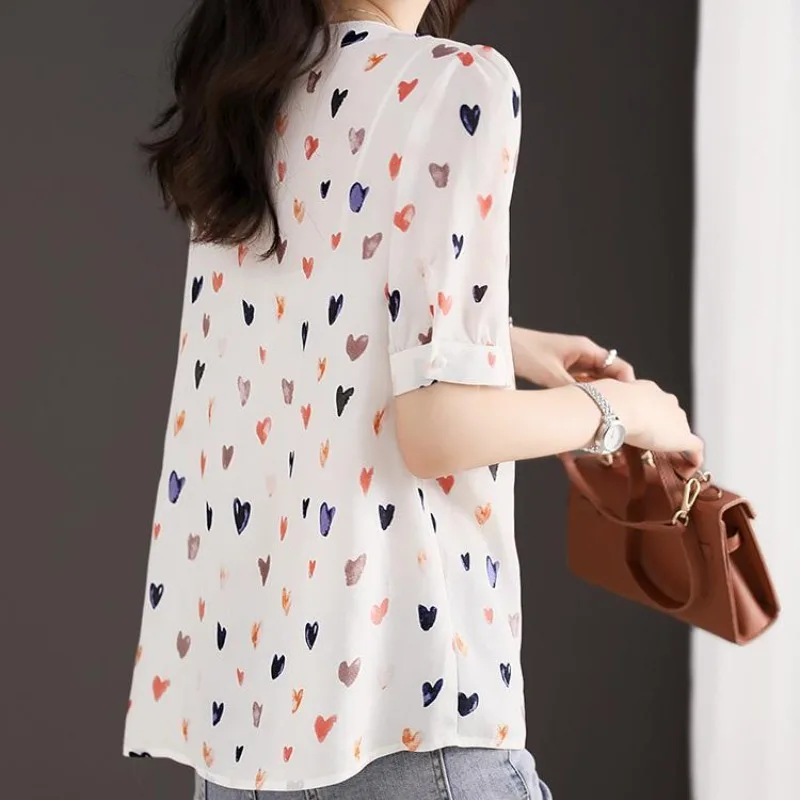 Summer Women's Cardigan Short Sleeve Button Geometric Printing Chiffon V-Neck T-shirt All-match Comfortable Fashionable Tops