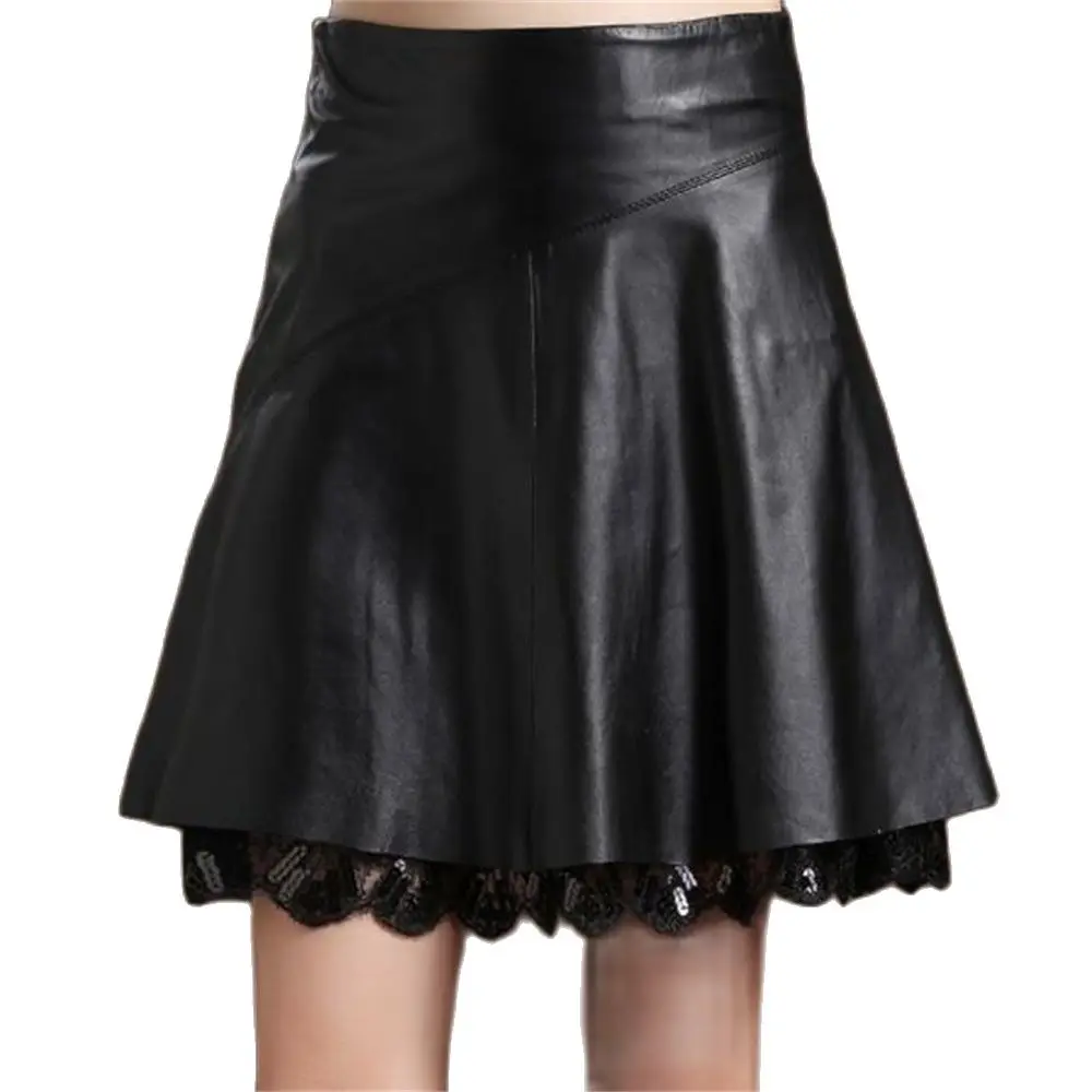 Leather Skirt Female Hot Sale Above Knee High Waist Pleated Slim Culottes Autumn Winter Soft Pu Skirts Lace S-4xl Spring