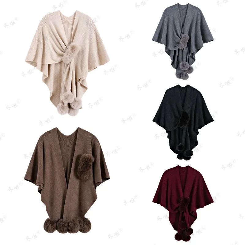 

New 2025 Women's Hairball Patchwork Solid Color Shawl Cardigan Autumn Winter Poncho Batwing Sleeve Sweater Cape Coats