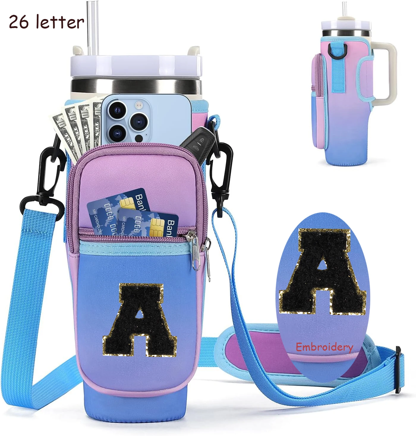 TY Letters Water Bottle Holder Bag com alça, 40oz Water Bottle Carrier Bag para viagens, caminhadas, acessórios para camping